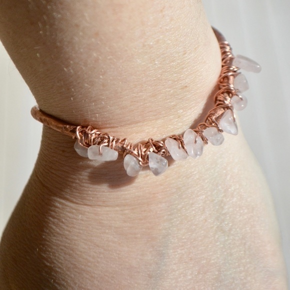 Rose Quartz Copper Wire Wrap Cuff Bracelet Bangle Gemstone Natural Reiki Healing - Picture 7 of 8